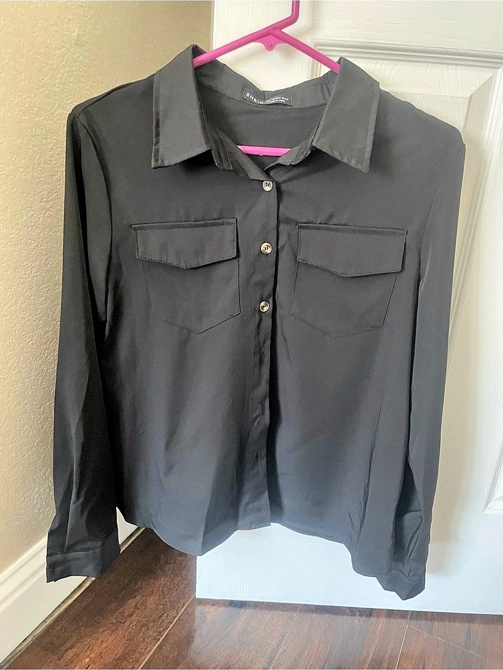 SHEIN Solid Button Front Flap Pocket Long Sleeve Shirt Black Large